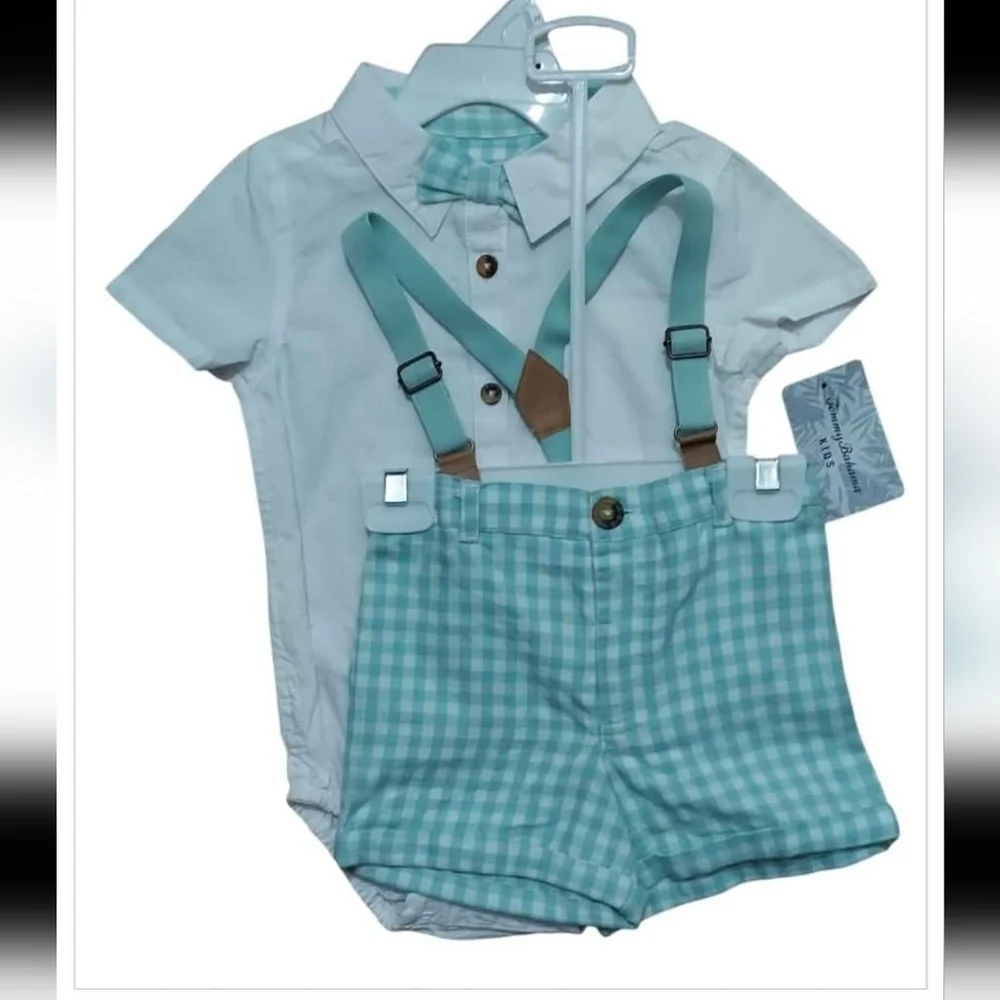 Tommy Bahama Kids Checkered Bow Tie And Suspenders Short Set - White and Blue